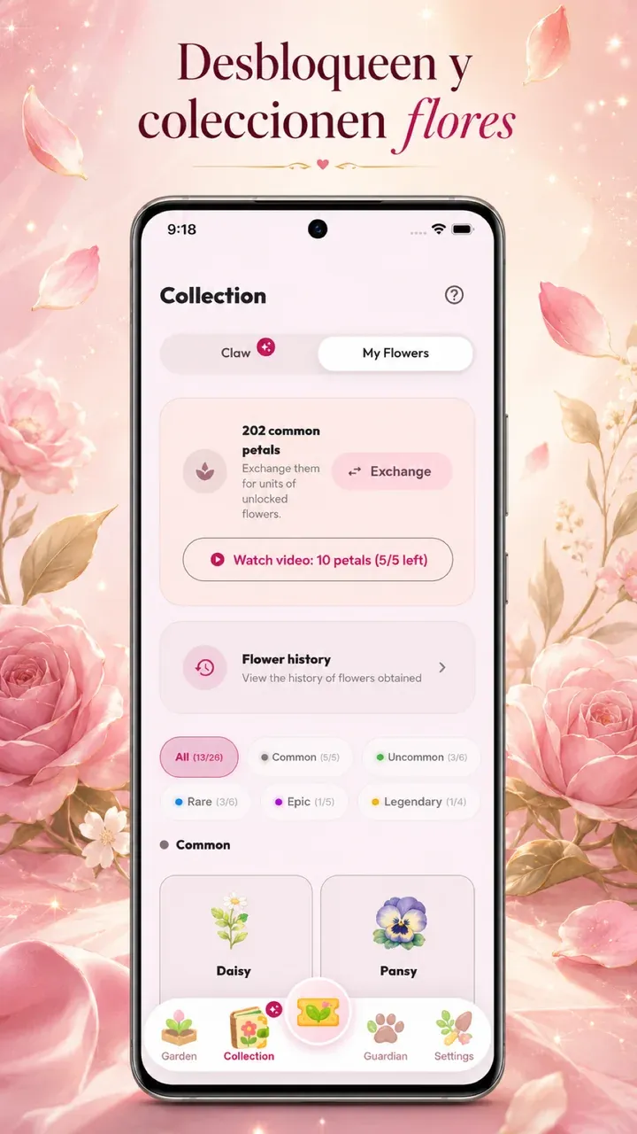 Pantalla de colección de flores desbloqueadas